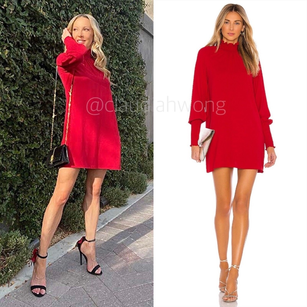 AMANDA UPRICHARD Naomi Smocked Long Sleeve Mini Dress in Scarlet Red